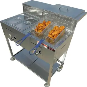 Deep Fryer Cart | 3 Gallon Single Tank | 2 Frying Baskets | 2 Pan Steam Table | Portable 4 Wheel | Stainless Steel | Frying Thermometer | Outdoor Propane Fryer for Chicken, Fish, & More