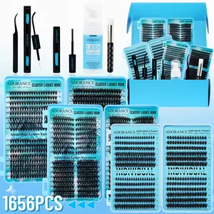 ADORANCE Mega Capacity Lash Clusters Kit 1656pcs, DIY Individual Lash Extensions with Bond & Seal, Lash Remover, Lash Applicator, Lash Shampoo Brush, Wispy Cluster Lashes for Natural Volume, Salon Look at Home