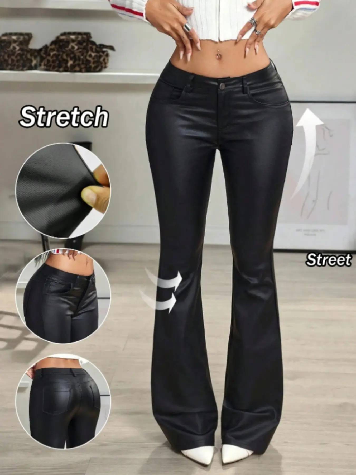 Women's Leather Zipper PU Coated High-Waisted Flare Pants, Elegant Slim-Fitting Long Regular Fit, All Seasons Plain Style