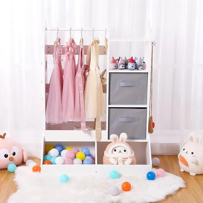 Dress Up Storage with Light & Mirror Kids Armoire with Clothing Rack, Storage Shelves & Bins,Wardrobe Organizer for Toys & Clothes