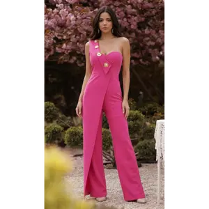 PEARL STONE ONE STRAP SHOULDER JUMPSUIT - THICK ON STRAP - PEARL FLOWER STONE - ONE HALF OPEN SHOULDER - ZIPPER ON THE BACK