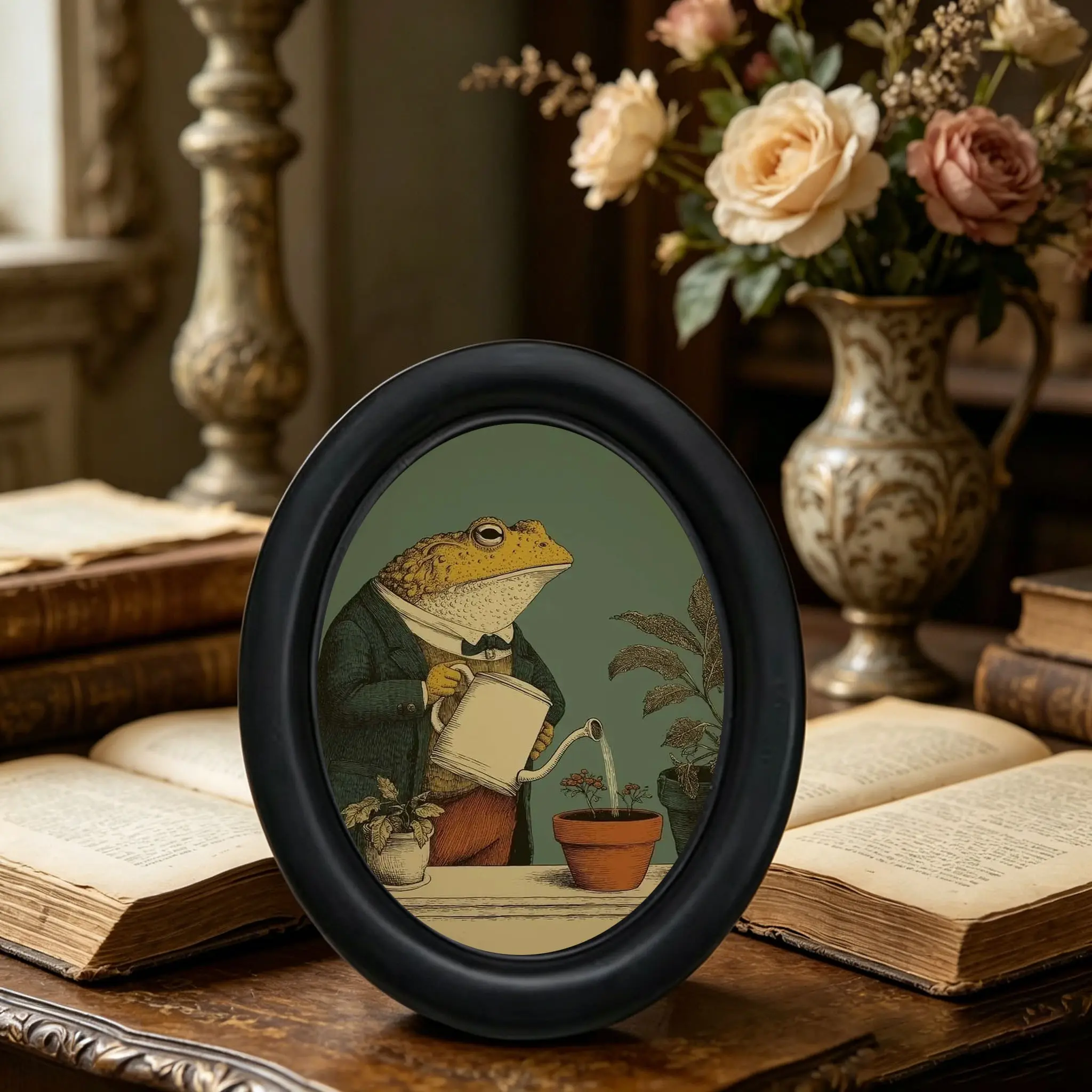 Vintage Gardener Frog Art Decoration, Elliptical Frame for Flower Watering Scene, Healing Style Decorative Piece, Single Item