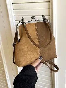 Niche contrast color design metal buckle handbag, Handbag Shoulder Purse, retro metal clip closure shoulder crossbody bag, mini  compact bag that can be carried   crossbody, suitable for daily commuting, shopping and dating, etc.