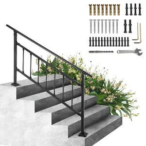 VEVOR Outdoor Wrought Iron Stair Railing,  Weatherproof Exterior Handrail with Fence, Adjustable for 1-5 Concrete Steps, Balance Aid for Exterior Use, Includes Installation Kit, Matte Black