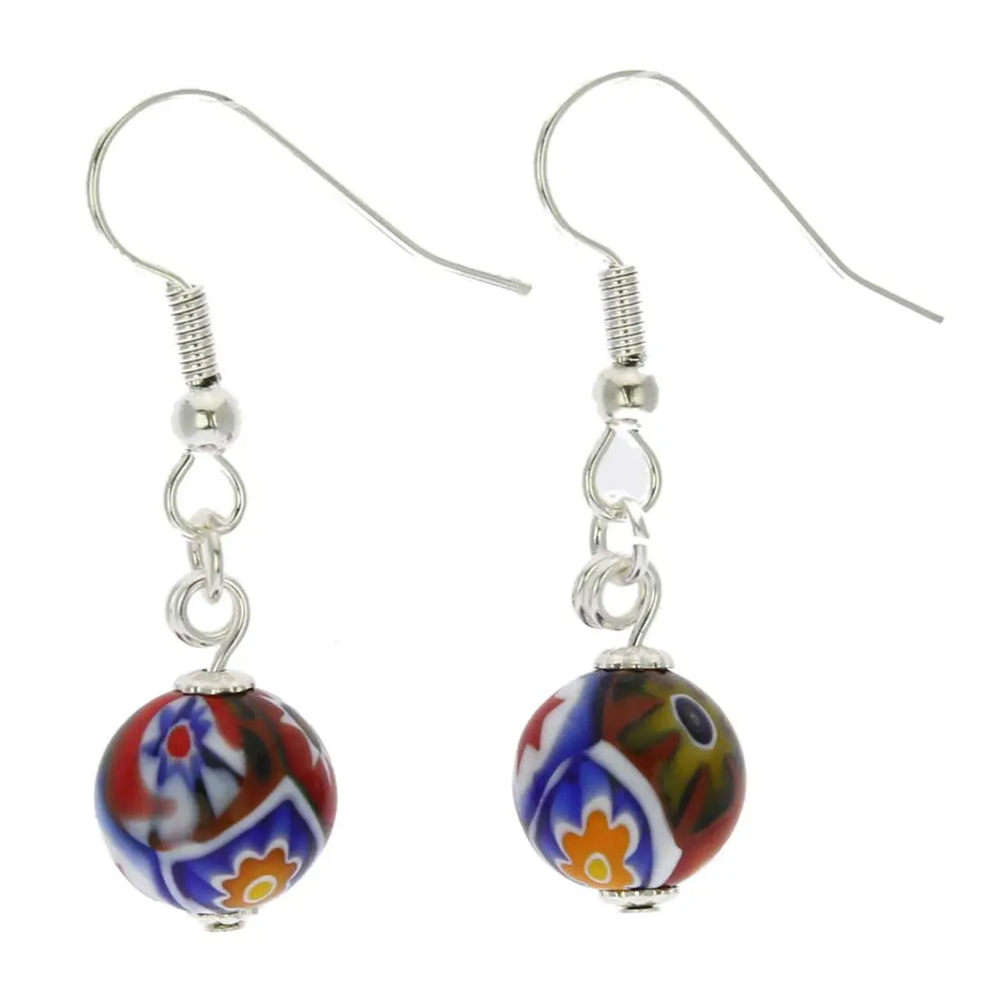 Glass Of Venice Murano Glass Mosaic Millefiori Ball Earrings - Silver, Handmade Craft, Modern Classic, 3/8 Inches Beads, Ideal for Special Occasions & Anniversary Gifts