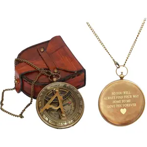 Engraved Sundial Compass with Leather Case Inspirational Gift for Traveler Adventurer Groom Baptism Wedding Him Vintage Brass Navigation Compass