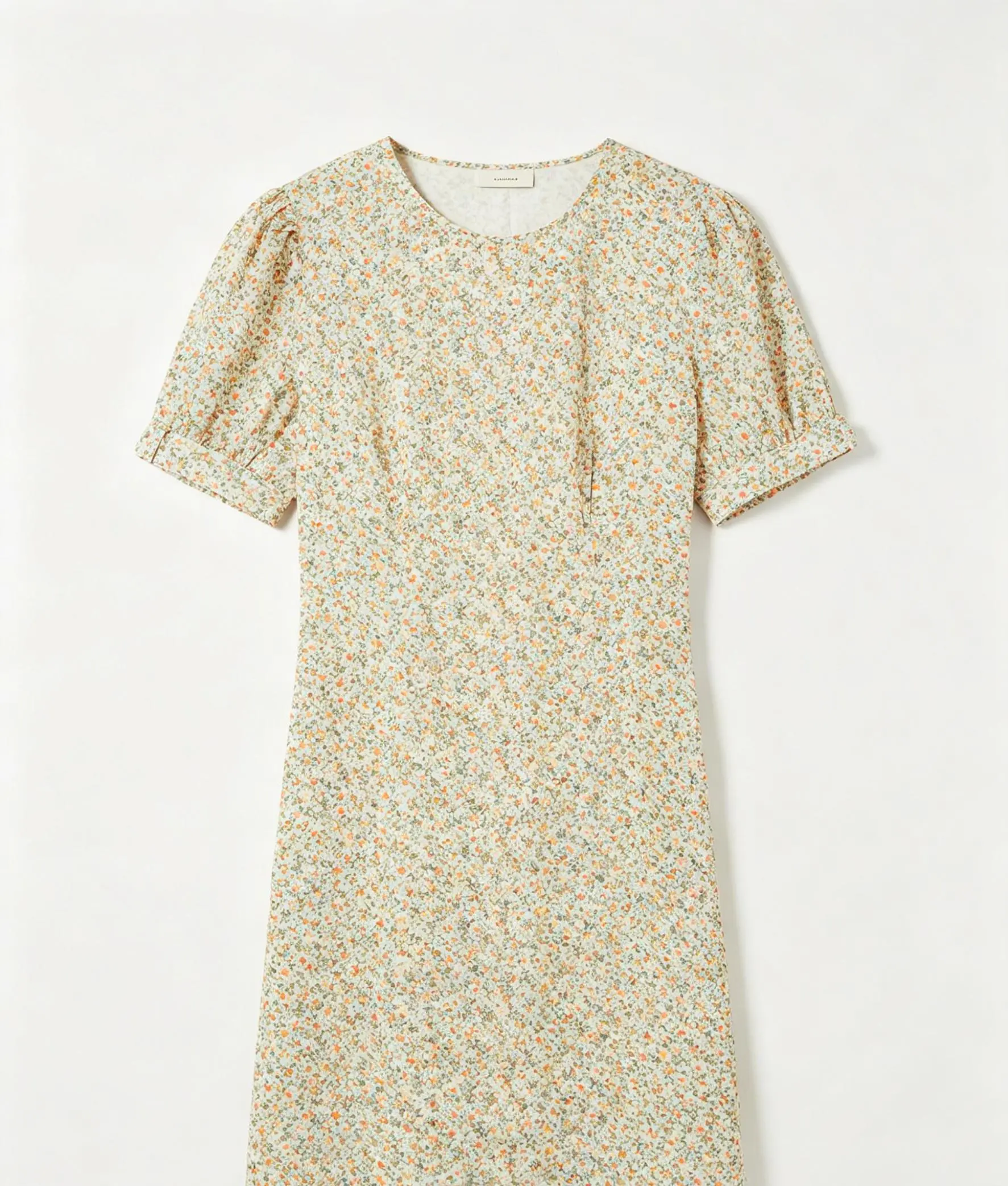 Floral Print Short Sleeve Dress with Puffed Sleeves and Round Neckline for Women