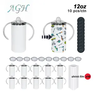 AGH 10pcs 12 oz Sublimation Blank Sippy Kids Cups with Dual Lids, Rubber Bottom and Shrink Wrap for Gifts