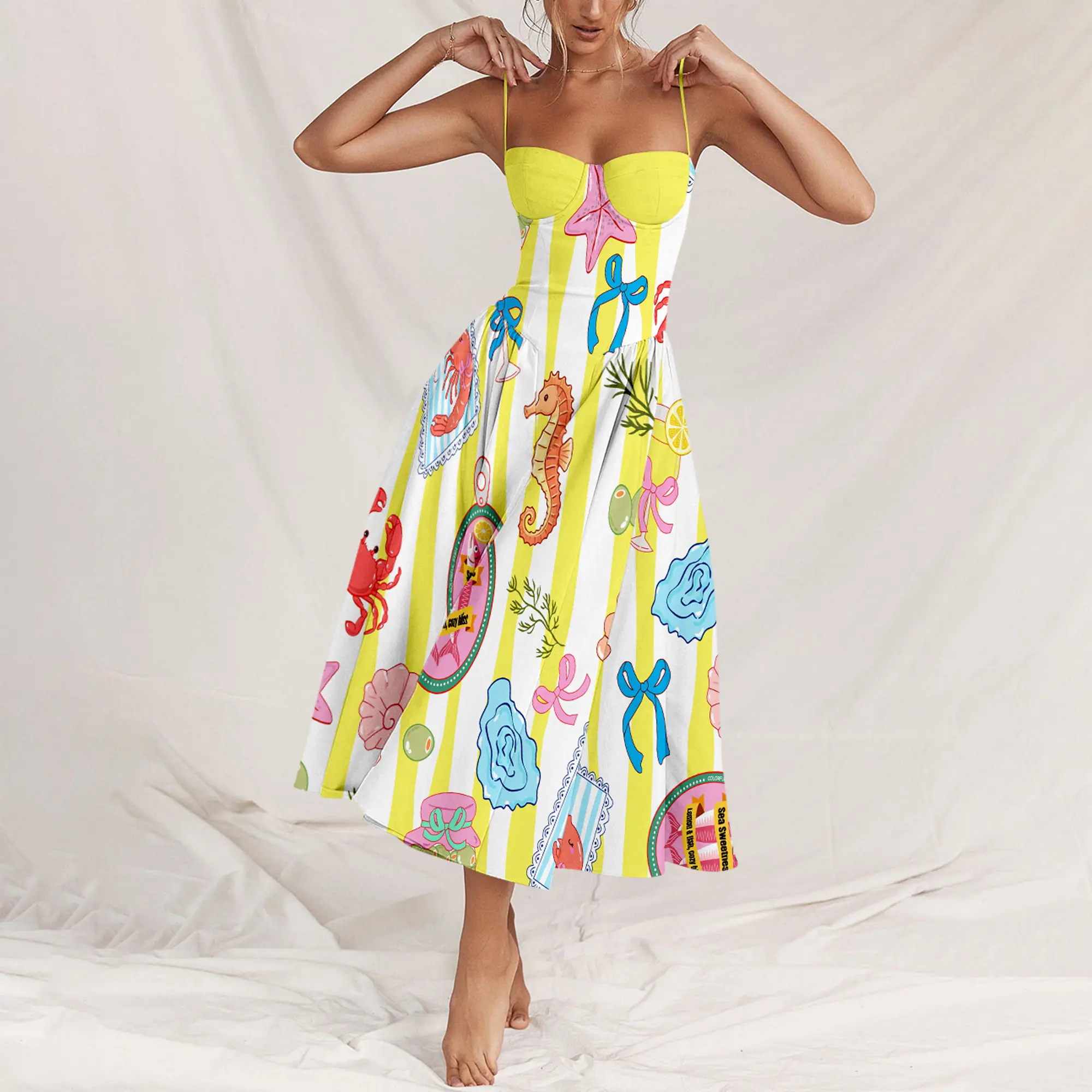 Women's Summer Yellow Striped Casual Sundress, Lady's Resort-Style Ocean Print Beach Dress with Breathable Fabric, Strapless, Sleeveless, Yellow Stripes Casual Dresses, Sea Shell Element Casual Dresses