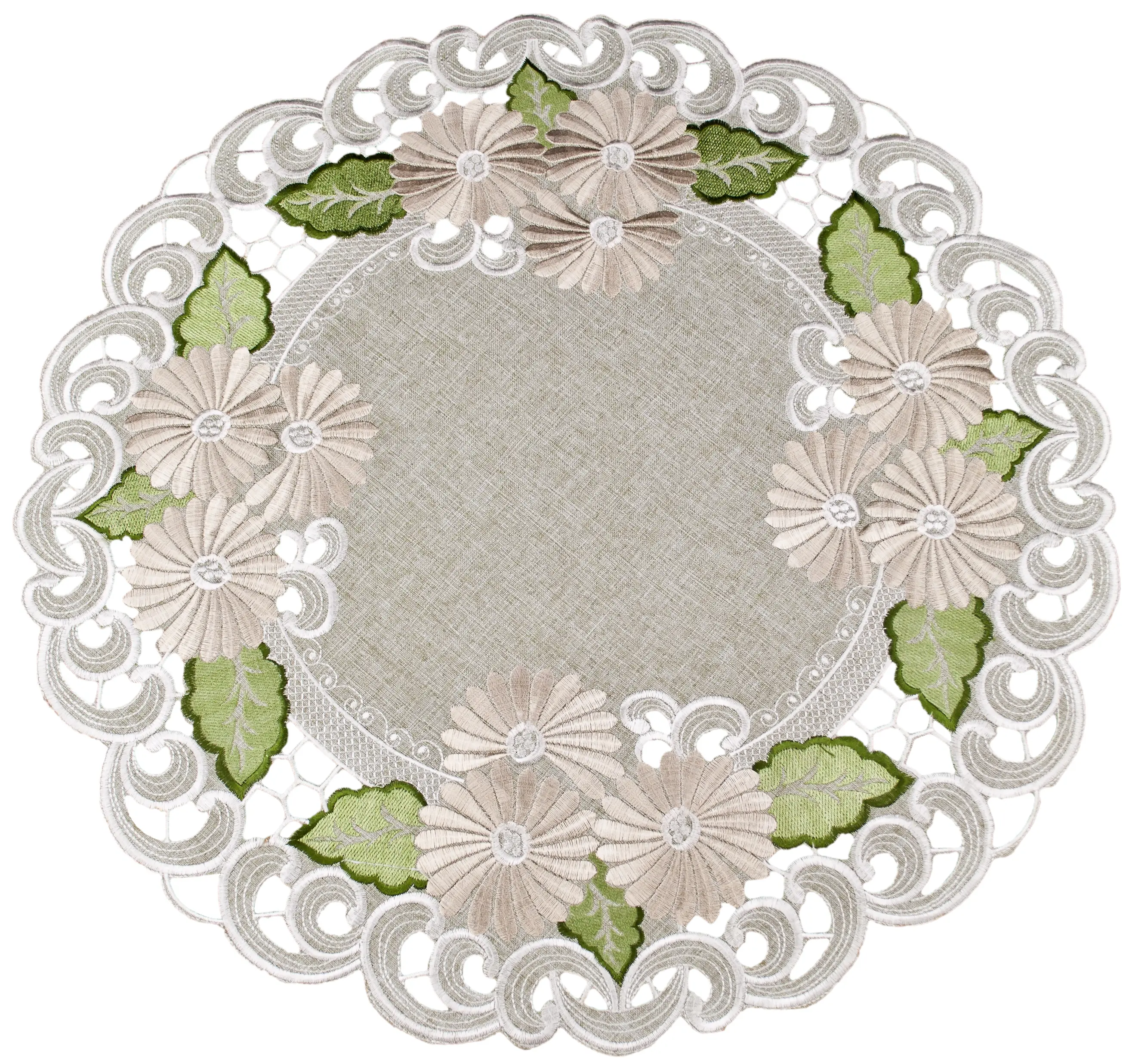 Linens Art And Things Classic Round Table Doily - Fleur Latte Gold Daisy Design, Sage Green, 23"/33" Sizes, Kitchen Household Textile