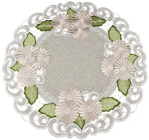 Linens Art And Things - Fleur Latte Gold Daisy on Sage Green Table Doily (23"/33"Round)