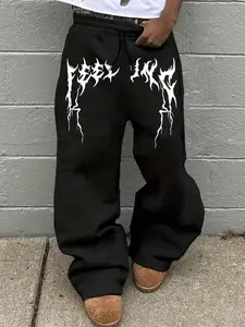 Men's Baggy Stacked Sweatpants, Y2K Gothic Metal Graphic Print Wide Leg Joggers, High Street Hip Hop Loose Fit Fleece Pants, Trendy Skater Streetwear Drawstring Trousers