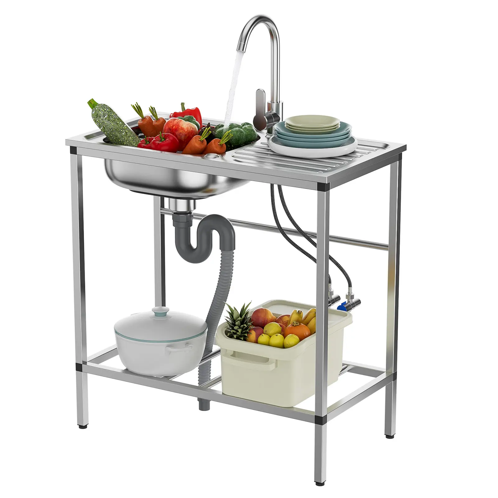 Stainless Steel Freestanding Single Bowl Deep Basin Utility Sink Set - Home Kitchen Fixture Set with Hot-Cold Faucet, Hose Hookup, Storage Shelves, Polishing Finish, Easy Install for Garage, Outdoor Use