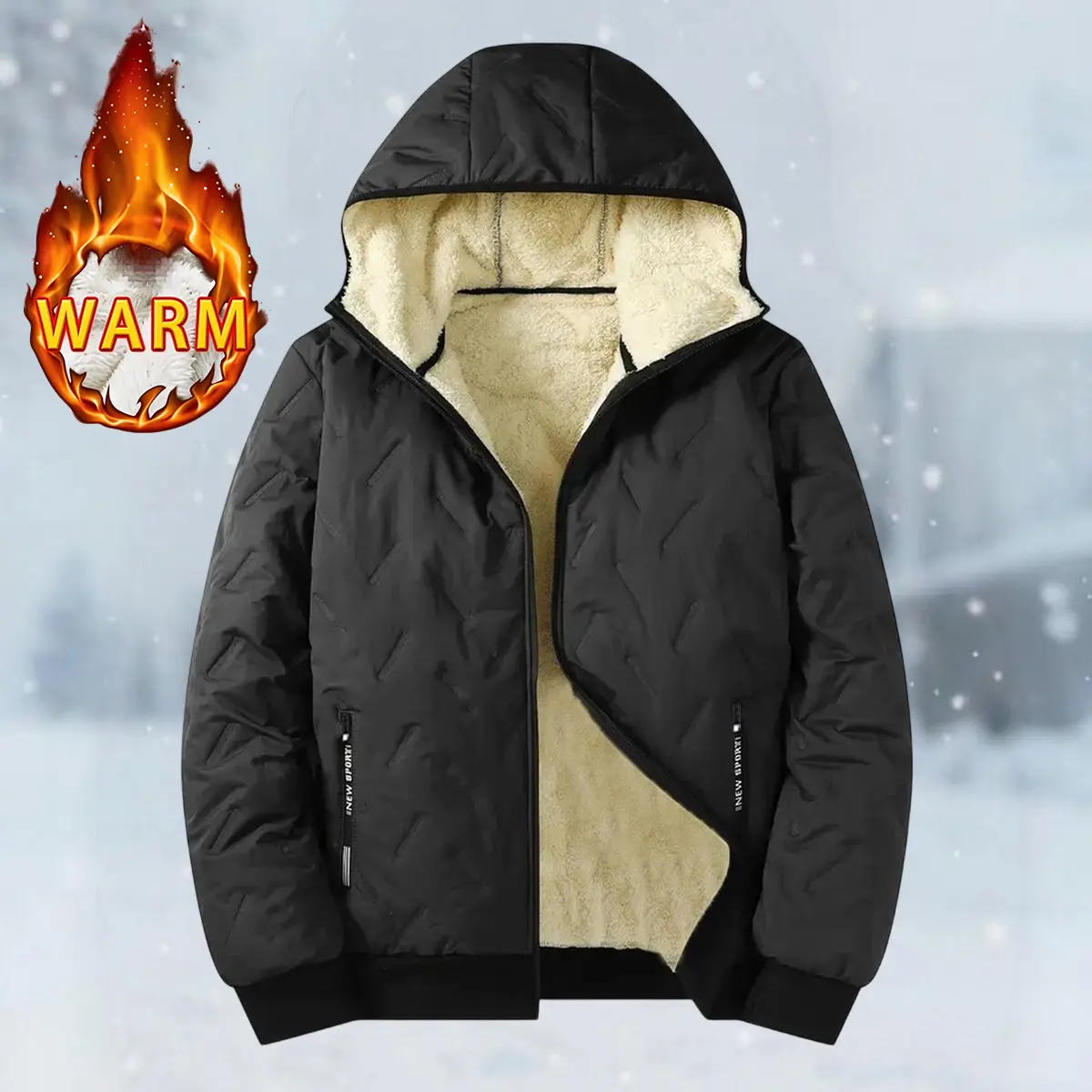 Men’s fleece hooded jacket with a thick, warm lining, heat-welded seam design, full zip closure, side zipper storage pockets, windproof and insulated, loose and comfortable fit.