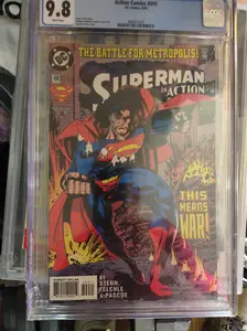 This is a 9.8 CGC Graded graded comic book, Action comics issue #699: Roger Stearn story, Norman Felchle & James Pascoe Art, Jackson Guice cover W/ White Pages, First Print