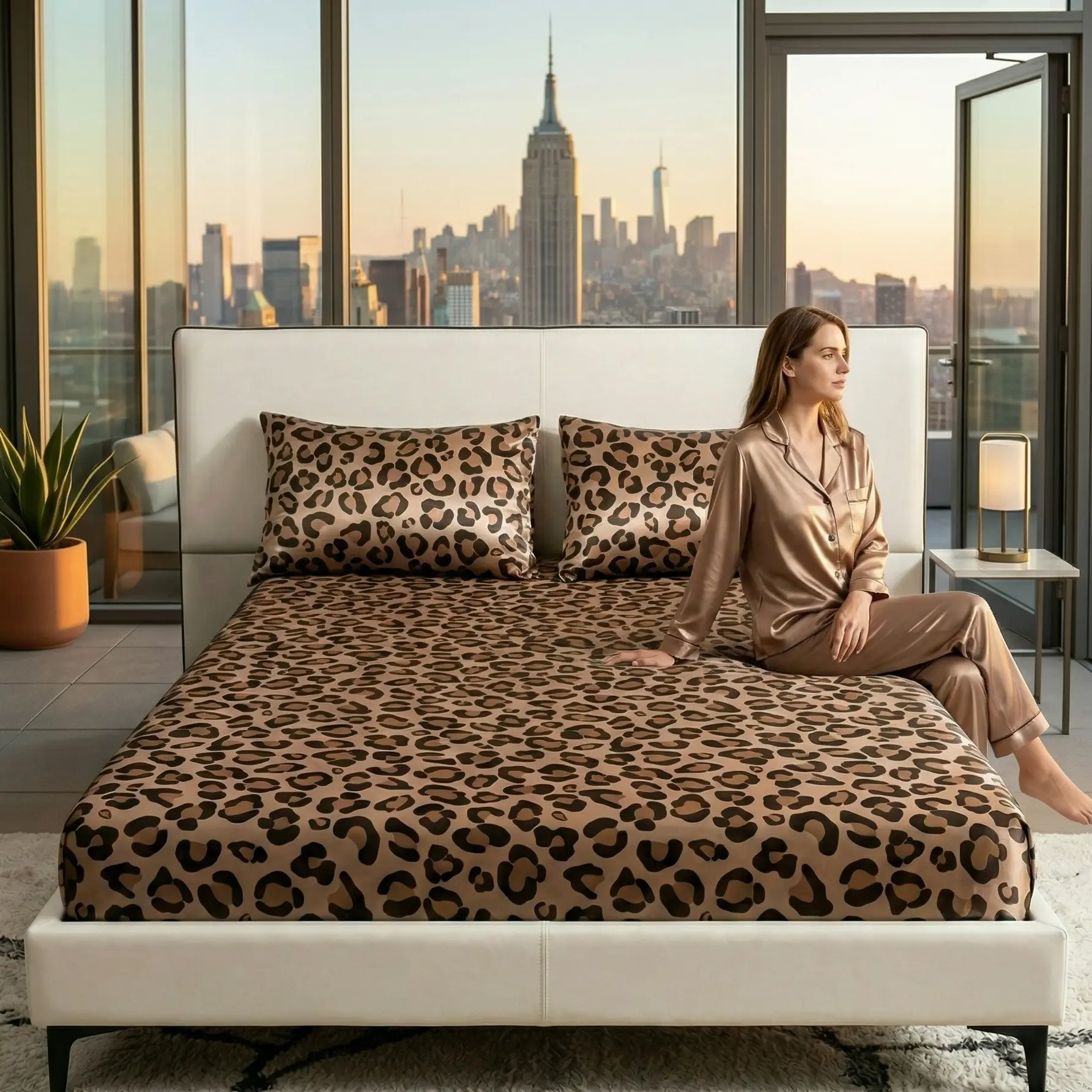 Luxury Leopard Pattern Satin Bed Sheet Set, Soft Breathable Deep Pocket Fitted Sheet & Pillow Covers, Stylish Decor Bedding for Home & Hotel Bedroom