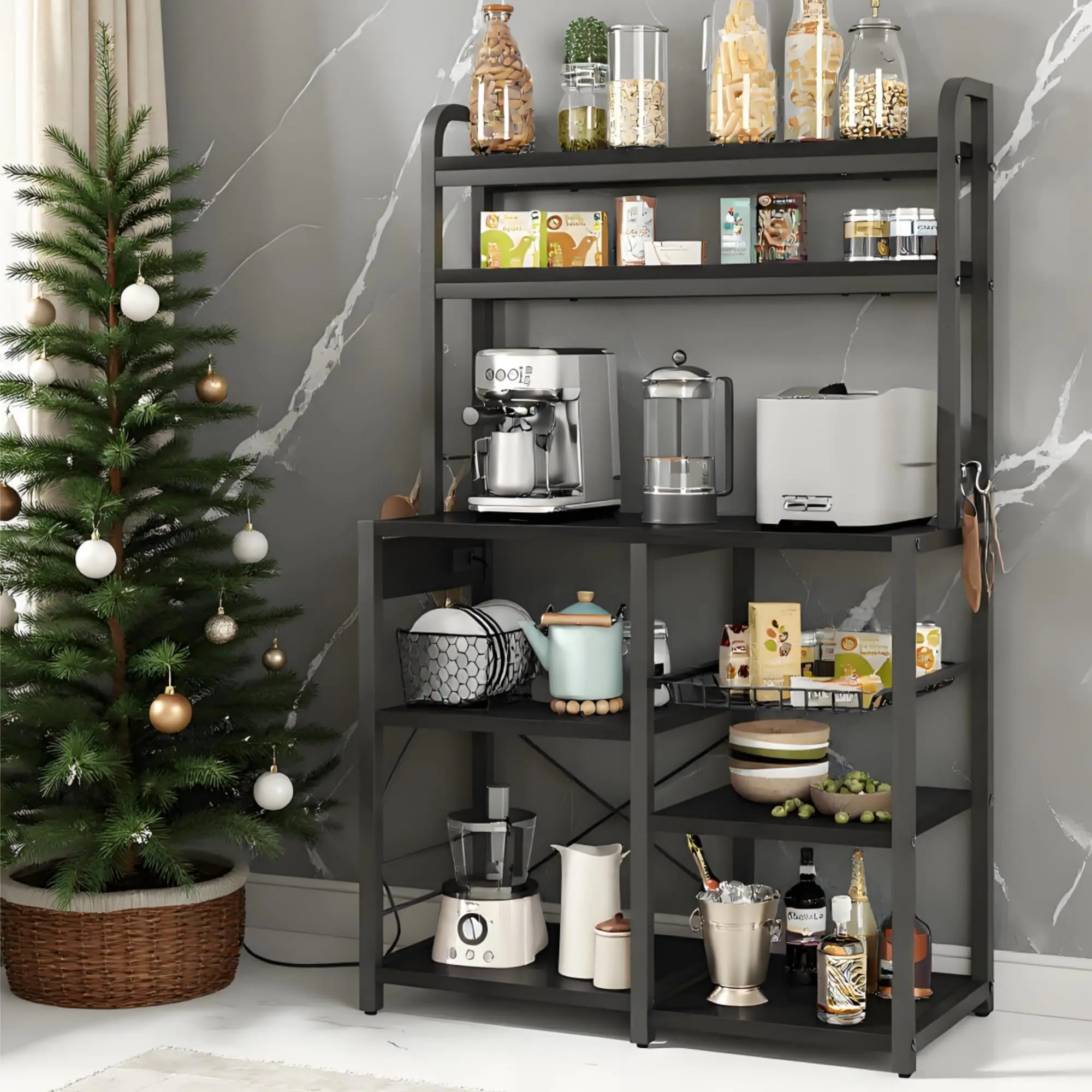 【GARVEE】6-Tier Microwave Stand Bakers Rack with Power Outlet and Wire Basket, Large Freestanding Utility Storage Shelf for Kitchen, Dining, and Living Room in Rustic Black