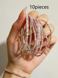10 Fashionable Adjustable Elastic Rhinestone Bracelets, Stylish Ladies' Evening Party Tennis Chain Accessories, Bracelet Set