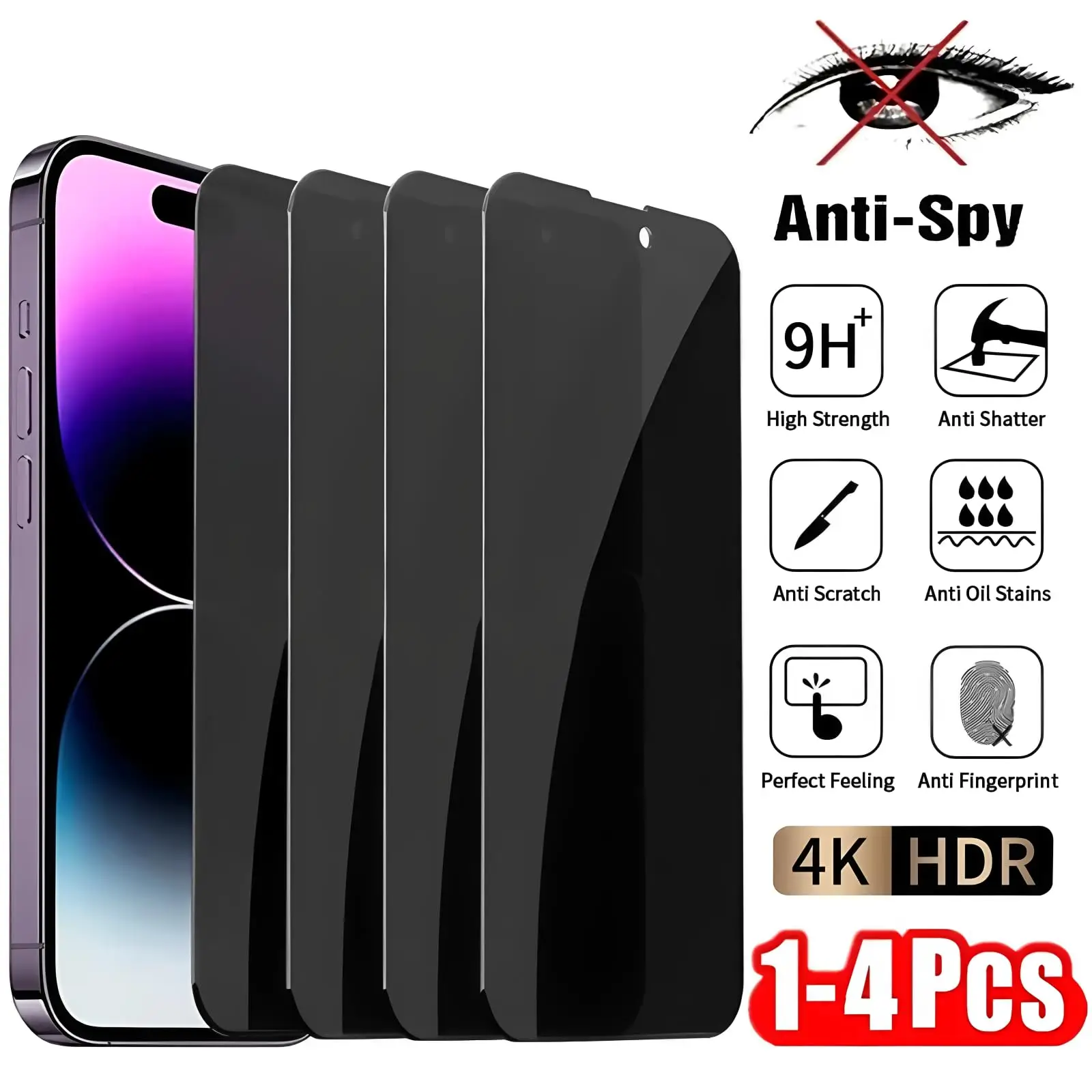 4-piece privacy screen protector with 28 ° privacy screen protector for iPhone 16/15/14/13/12/11 Pro Max Mini Plus 9H tempered glass