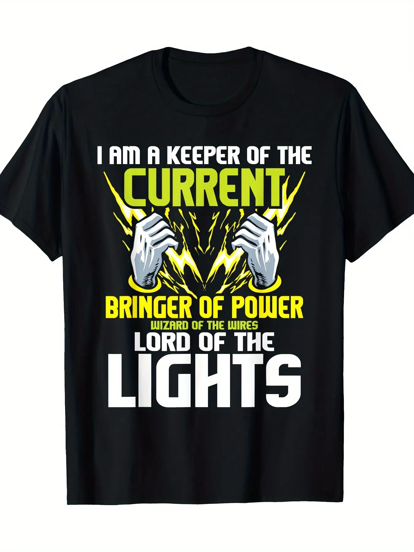 Men's Electrician Gift T-Shirt - "Current Guardian" Design with Lightning and Circuit Hand Pattern - Casual Short-sleeve Crewneck Top, Suitable for Line Maintenance Personnel