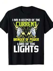 Men's Electrician Gift T-Shirt - "Current Guardian" Design with Lightning and Circuit Hand Pattern - Casual Short-sleeve Crewneck Top, Suitable for Line Maintenance Personnel