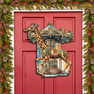 Designocracy 8611028H Artistic Wooden Colorful 24x18 in. Carousel Giraffe Christmas Door Decoration, Festive Home Decor Gift