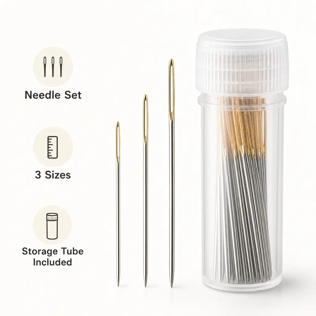 30 Pieces, Large Eye Gold Tip Sewing Needles with Clear Plastic Storage Tube, for Hand Sewing Embroidery and Household Craft Use