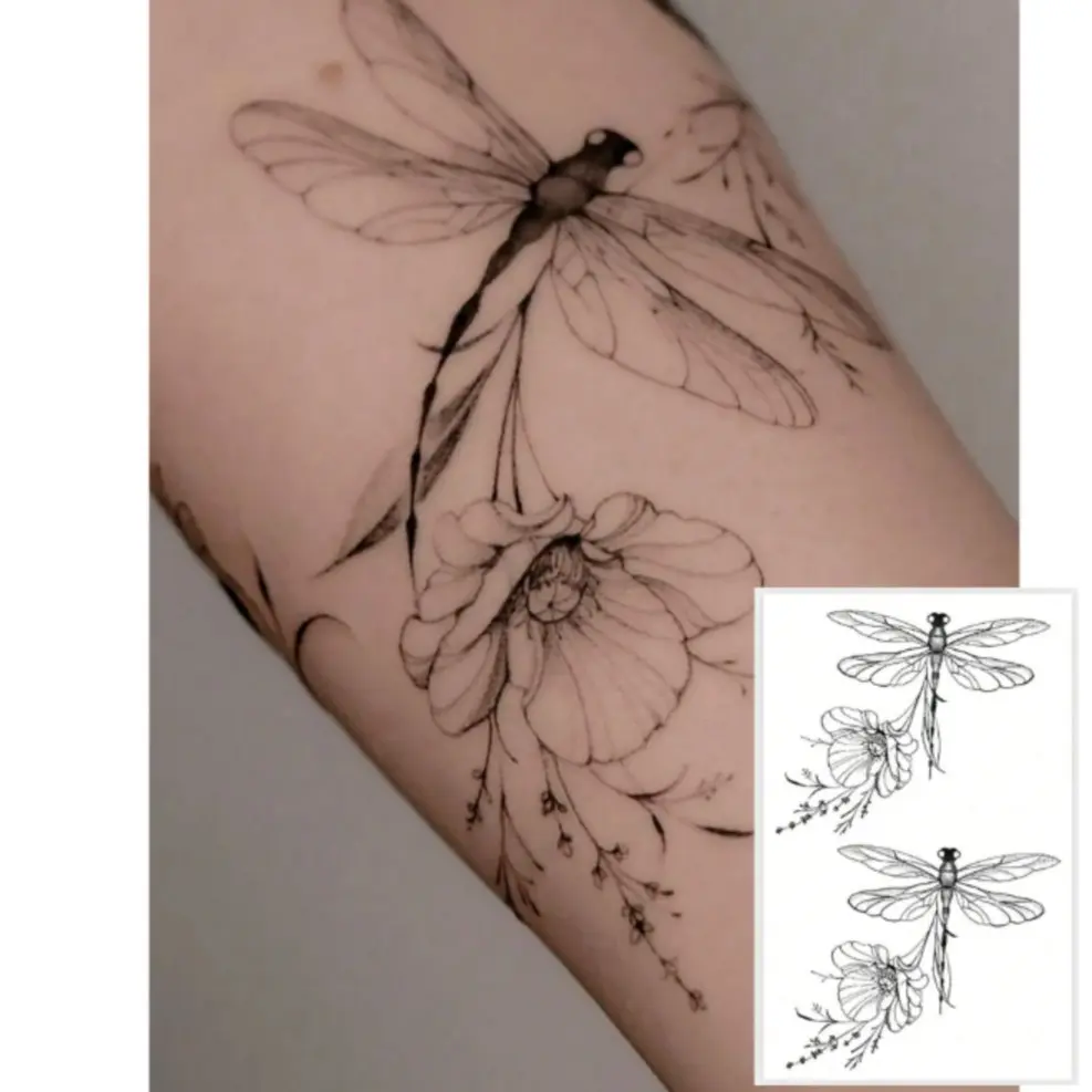 Washable Temporary Tattoo Sticker, PVC Dragonfly & Floral Design, Waterproof & Sweat Resistant, Ideal for Everyday Wear, Fake Tattoos