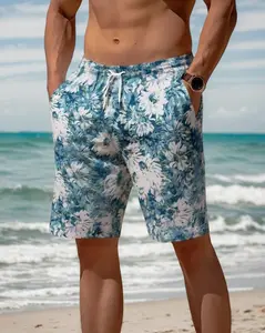 SUMIMERVIBESMen’s casual beach shorts with blue patterned design and elastic waistband; summer swim trunks/vacation travel pants suitable for the seaside.