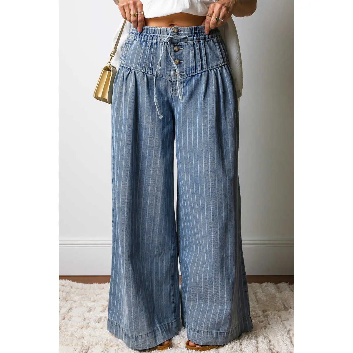Women's Sophisticated S-4X Plus Size Sky Blue Stripe Denim Wide-Leg Jeans - Adjustable Daily Wear, Button-Pleated, Drawstring Waist, Soft, Durable Basic Clothes, Ultra Baggy Long Casual Bottoms, Wardrobe Staple