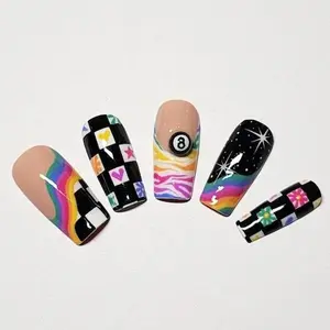 Rainbow Scene Press On Nails 3D Floral Colorful Y2K Galaxy