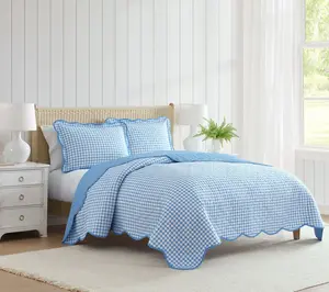 Martha Stewart Olivia Gingham Bedford Blue Cotton QN Quilt Set