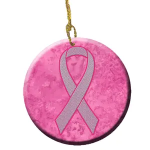 212 MAIN Pink Ribbon Breast Cancer Awareness Round Paintable Ceramic Ornament - Paintable Back, Ceramic Body, Gloss Finish, Small Size Holiday Decoration for Home & Festive Use, Holiday Decorations