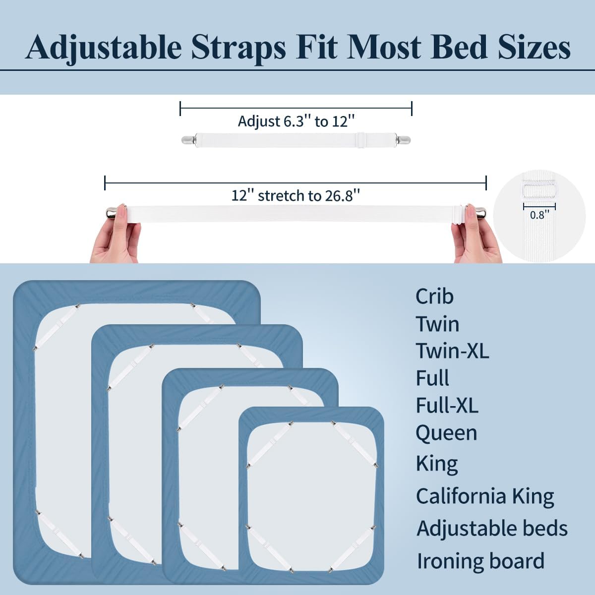 Bed Sheet Straps, Sopito Adjustable Elastic Fitted Sheet Corner Holders Straps to Stay in Place, Non-Slip Fasteners Clips Compatible for Crib to King Size Bed, White 4Pcs Bed Sheet Straps, Sopito Adjustable Elastic Fitted Sheet Corner Holders Straps to Stay in Place, Non-Slip Fasteners Clips Compatible for Crib to King Size Bed, White 4Pcs