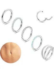 Round 5 Pcs Silvery Exquisite 14G Belly Button Piercings Trendy Surgical Steel Navel Bars for Women Men Clear Shining CZ Opal Navel Rings Hoop Clicker Segment Belly Piercing Jewelry Set
