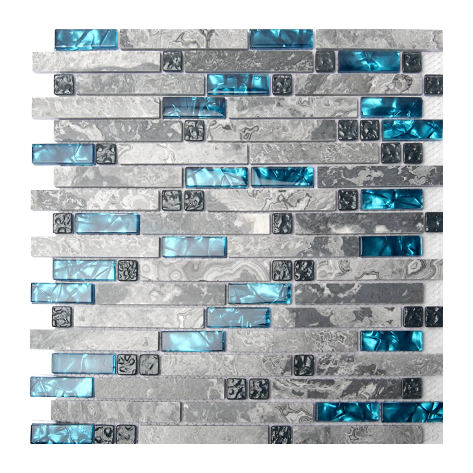Art3d Durable Plaid Stone Glass Tiles Sticker, 5-Pack with Blue/Gray Grout Design, Easy-Install Modern Mosaic Accent for Kitchen Bathroom Decoration & Living Room Backsplashes