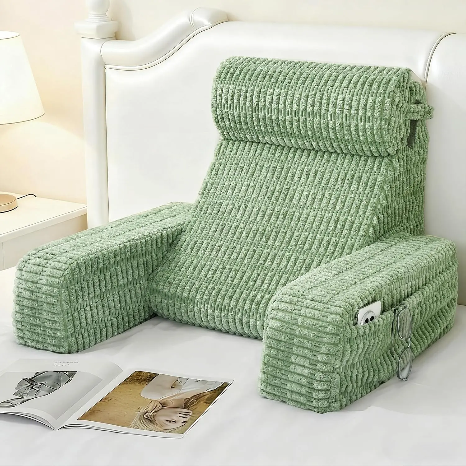 Women's Sage Green Reading Pillow - 19" Bed Backrest with Built-In Arms, Large Pockets, Machine Wash-No Hassle Cover for Resting Support