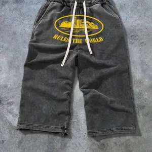 Rules The World Embroidery Gray 7/8 Length Drawstring Shorts with Yellow Logo and White for Men Comfortable and Stylish fashion men mens gym Knit everyday menswear Graphic Print outdoor