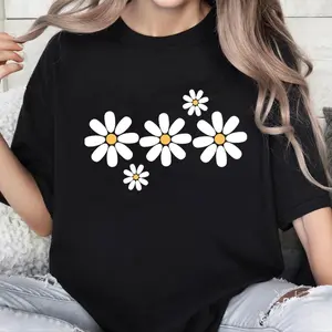 Flower Graphic Tees Vintage Floral Print Crewneck Cotton Short Sleeve Tops S-3XL Cotoon Summer Streetwear Casual Fitted Medium Length Daisy fresh style Womenswear Tshirt
