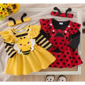 0-18M Girls Autumn Skirt Set Bee/Beetle Embroidery Suspender Dress Flying Sleeve Romper Headband