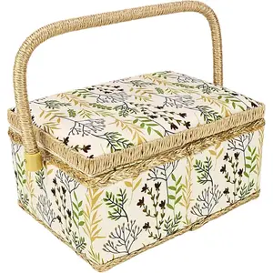 Large Wooden Beginner Sewing Basket Kit with Complete Sew Accessories Removable Tray Tomato Pincushion for Mending Beige Leaf