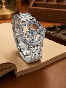 Men's Vintage Mechanical Watch, Fashion Skeleton Automatic Watch with Diamonds Decor, Trendy Watch for Men As Gift with Box, Fashionable Wristwatch