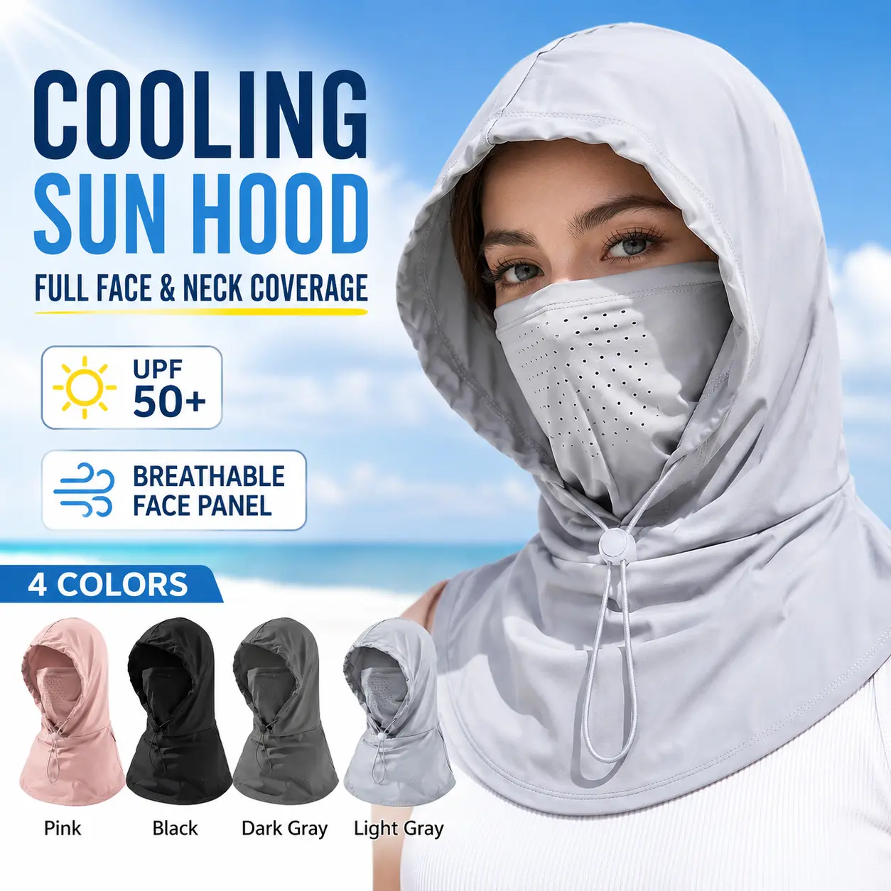 Cooling Sun Protection Hood with Face & Neck Cover, Breathable Quick-Dry Outdoor Hood with Ponytail Opening for Hiking, Fishing & Travel