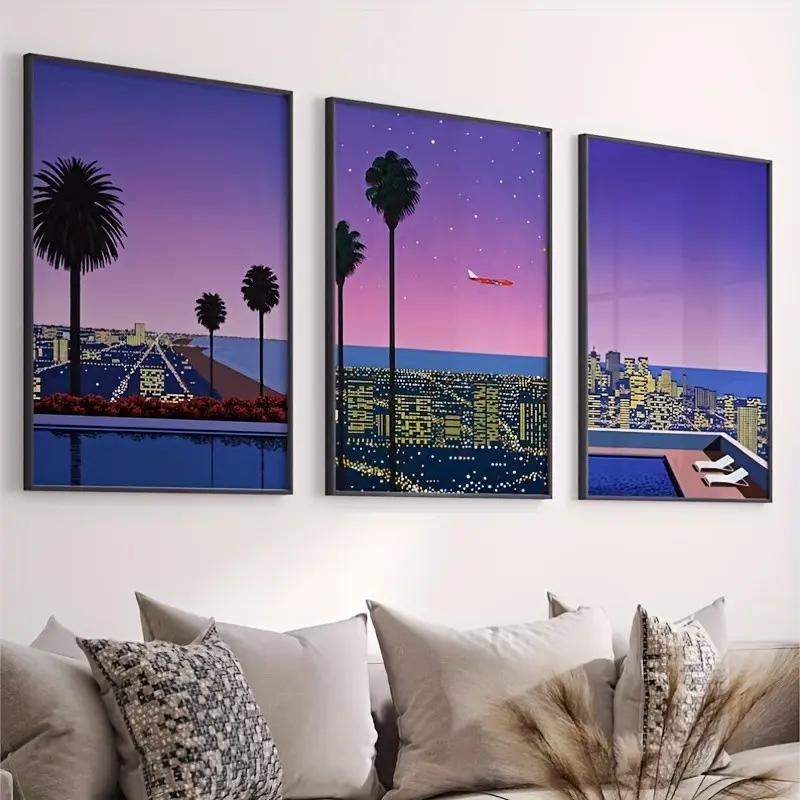 Vintage Anime Sunset Canvas Art Set, Colorful Vaporwave Illustrations, High-Quality Print, Modern Living Room Decor, Aesthetic Wall Decor, 3-Piece