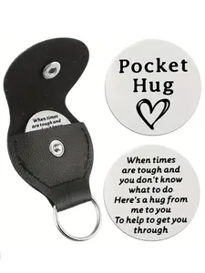 1 pc Pocket Hug Emotional Support Keychain, Metal Round Keyring with Leather-Like Case, Inspirational Message Gift for Men & Women, Comforting Companion for Tough Times, Simple & Stylish Daily Encouragement Accessory, Valentine's Day Gift