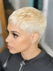 60# pixie cut human hair wigs daily party cosplay gift use wig blonde machine made short straight layered human hair wig for women pixie wig