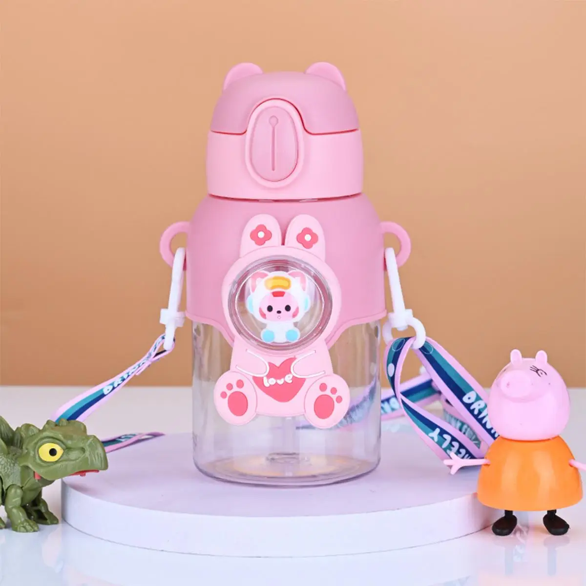 Cartoon Astronaut Design Water Bottle With Strap, 600ml Clear Straw Water Cup With Flip Lid For Kids