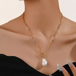 Women's Baroque Solid Faux Pearl Stainless Steel Loop Chain Necklace, Fashionable Elegant Party-Banquet Accessory, Ideal Gift for Women