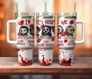 Horror Movie Tumbler With Handle | In This House We Like Scary Movies | 40oz Stainless Steel Cup For Halloween & Horror Fans