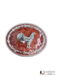 RED & SILVER ROOSTER ROUND BUCKLE 15